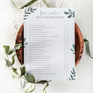 Hochzeitsspiel Ratespiel Hochzeit Karten zum Ausfüllen Greenery Eukalyptus